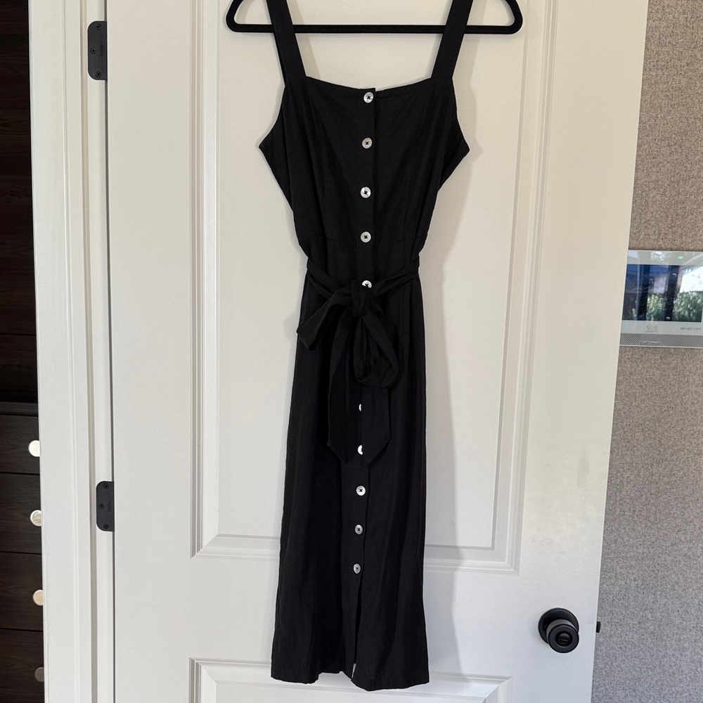 Rails Black Midi Linen Dress with Button Detail